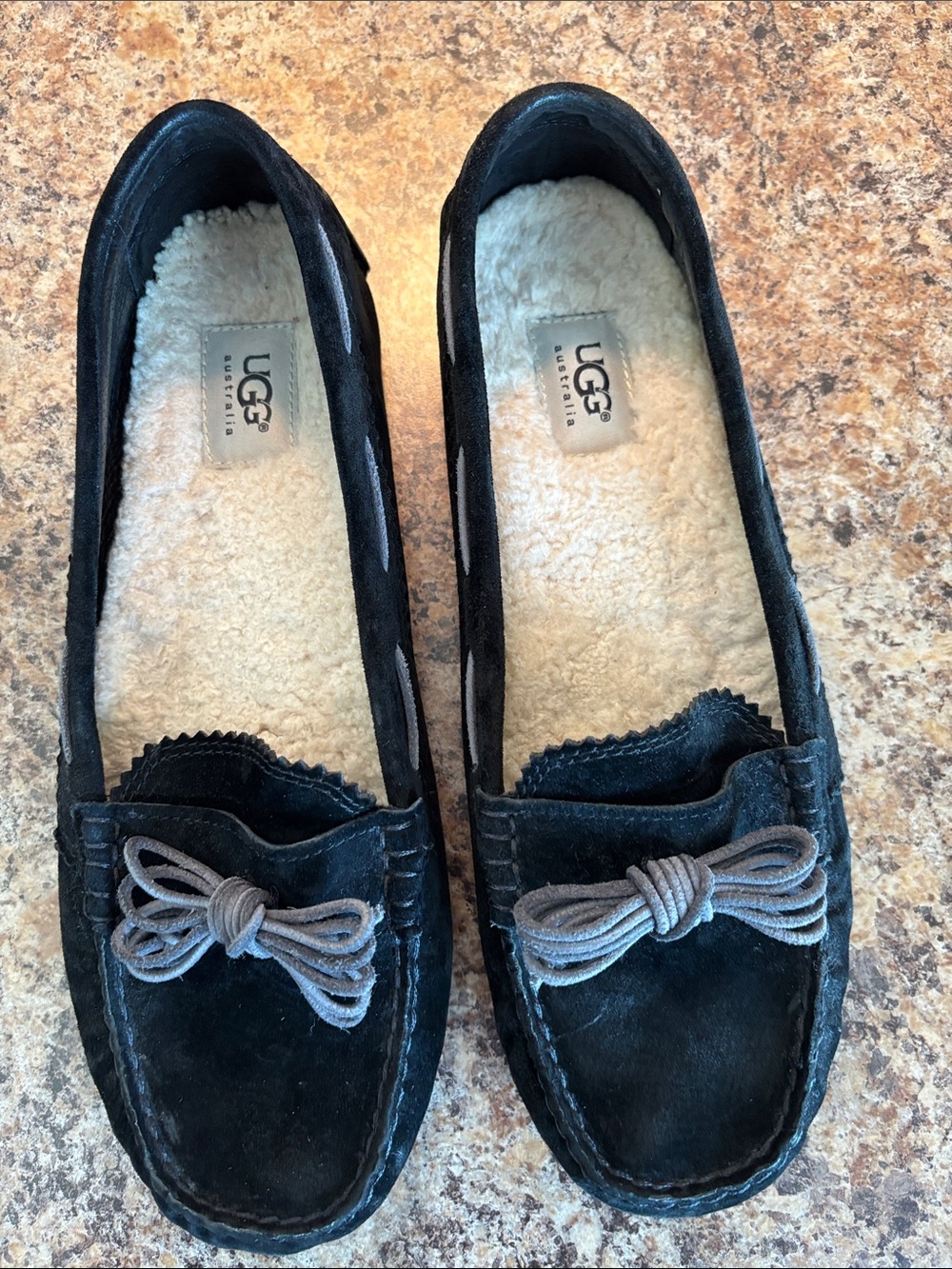 UGG Black Suede Shearling-Lined Moccasin Slippers with Bow